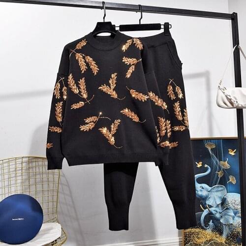 New Fashion Woman Clothes Outfits Sequin Leaves Loose Knitted Sweater Suit + Casual Pants Two Piece Set Tracksuits Female H894