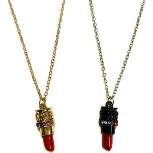 Enamel crystal rhinestone lipstick necklace metal bling bling pendant necklace fashion women costume jewellery boutique girl