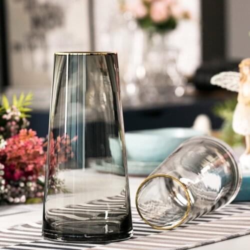Simple Gold-Painted Glass Vase Smoky Gray Living Room Dried Flowers Flowers Lucky Bamboo Flower Arrangement Nordic Ornaments