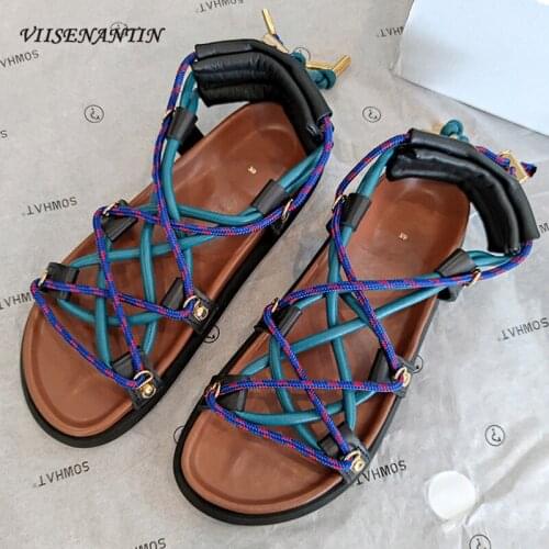 Cross Straps Thick-soled Increased Woven Sandals Womens Summer 2021 New Sheepskin Color-blocking Flat-bottomed Roman Shoes
