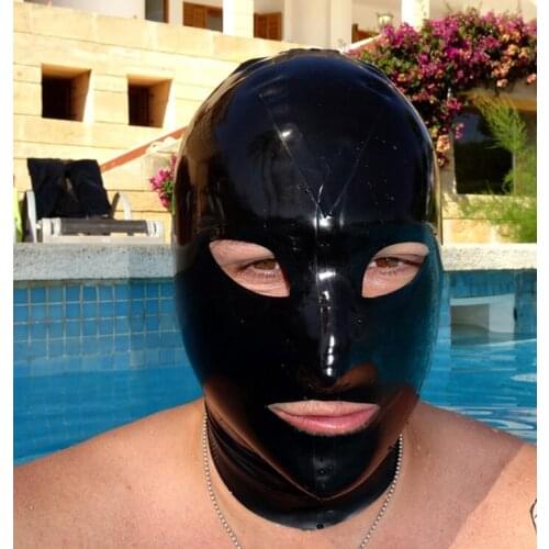 Sexy Mens Black Latex Fetish Hood Mask Open Eyes Mouth with Back Zip