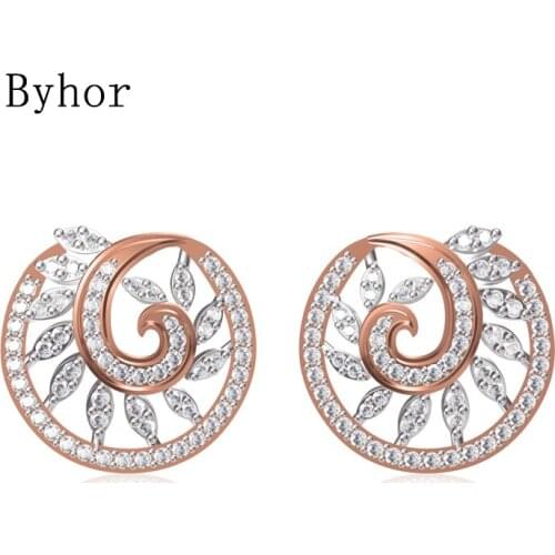 Byhor Solid 14K White/Yellow+White/Rose+White Gold 0.822ct H/SI Natural Diamond Fine Jewelry Wedding Leaf Stud Earrings Cерьги