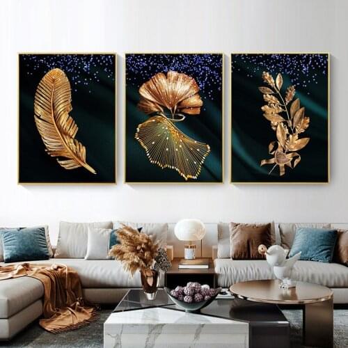 Nordic Golden Luxury Canvas Painting Gold Leaf Plant Picture Wall Art Green Posters and Prints For Home Decoration Unframed