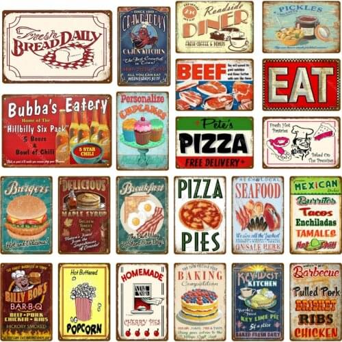 Fresh Mexican Fast Food Seafood Metal Tin Signs Vintage Plaque Beef Bread Pizza Wall Poster Breakfast Diner Home Kichen Decor