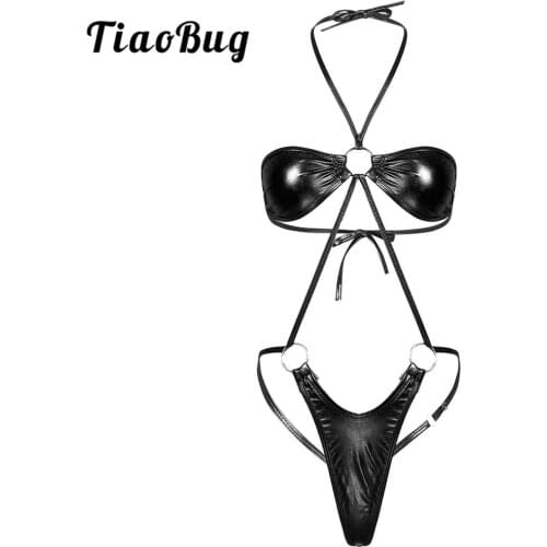 TiaoBug Women Shiny Metallic Lingerie Halter Mini Trikini Teddy Sexy Monokini Bodysuit Stage Performance Festival Rave Clubwear