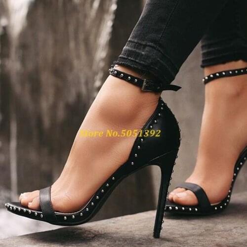 Fashion rivet stiletto sandals one strap open toe cut out ankle buckle high heel summer shoes cool black sexy studded woman shoe