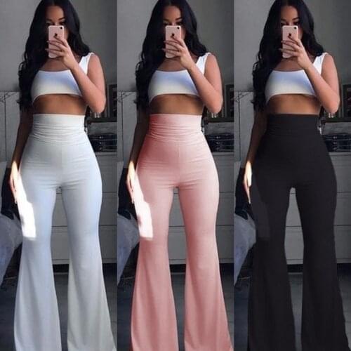 Autumn Womens Fashion Bell Bottom Pants Ladies Stretch Pants Hippie Bohemian Solid Color High Waist Long Wide Leg Pants 2021