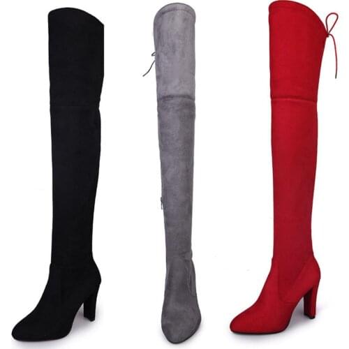 Big Size Womens Shoes Fashion Slip On Over The Knee Boots Square High Heel 9cm Platform Shoes Ladies Autumn Winter Long Boots