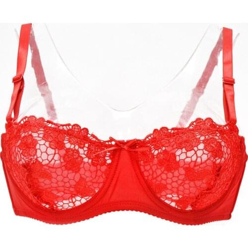 YANDW Red Mesh Lace Bralette Back Closure Women Sexy Lingerie Dropshipping Plunge Thin Unlined Push Up Transparent White Black