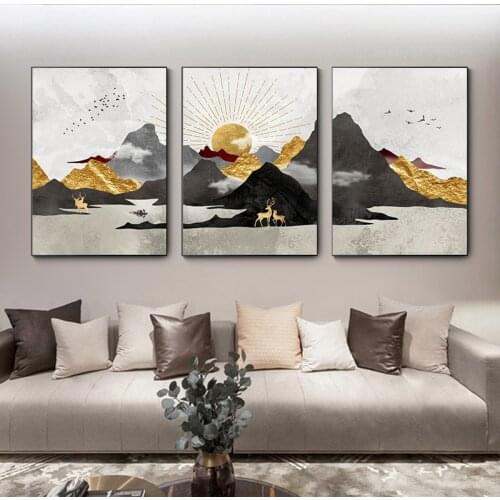 Golden Mountains Picture Landscape Poster New Chinese Style Abstract Print Scenery Wall Art Canvas Painting Modern Room Decor