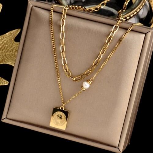 316L Stainless Steel Fashion Fine Jewelry 2-Layer Pearl Empress Head Portrait Charms Chain Choker Necklaces Pendants For Women