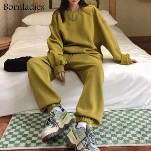 Bornladies 2021 Autumn Women Cotton Sweatshirt Suit Oversized Sets Female O Neck Loose Sweatshirt + Long Pants Suits Short Sets