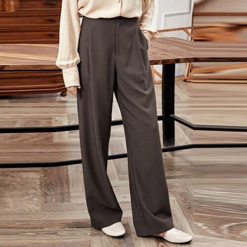 Women Suit Pants Long Wide Leg High Waist Brown Office Lady Straight Trouser Suit Solid Pockets Loose Casual Elegant Autumn 2021