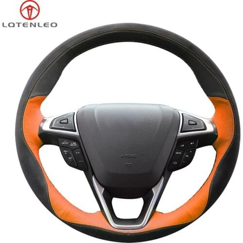 LQTENLEO Black Orange Leather Black Suede Car Steering Wheel Cover For Ford Mondeo Fusion EDGE 2013-2020 Galaxy 2016-2020 S-Max