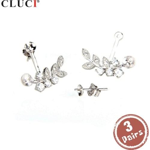 CLUCI 3 pair wholesale 925 Sterling Silver Demountable Foliage Earrings Pearl Earrings Mounting Silver 925 Earrings SE047SB