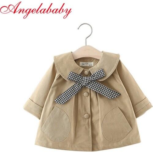Girls spring solid color plaid bow tie trench baby kids fashion turn-down collar coats kids 2020 long sleeve jackets clothes