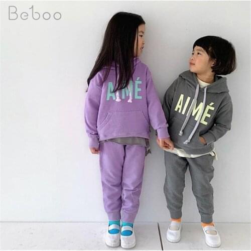 Korean Children Sweater Set 2021 Spring And Autumn New Girls Hooded Long Sleeve Two Piece Unisex Fashion Cotton Suits For Boys