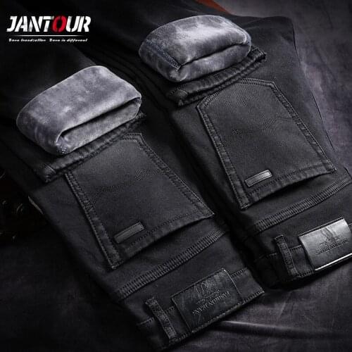 Jantour Hommes Jeans Winter New Business Casual Fleece Black Jeans Thicken Trousers Straight Elasticity Jeans For Men 2020