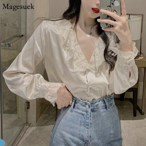 V-Neck Lace Patchwork Solid Women Shirt 2021 Elegant Chic Button Casual Woman Shirt Tops Long Sleeve Loose Blouse Blusas 13654