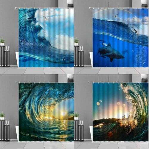 Sea Wave Landscape Shower Curtains Ocean Scenery Shark Bath Curtain Waterproof Home Bathroom Decor Screen Polyester With Hooks