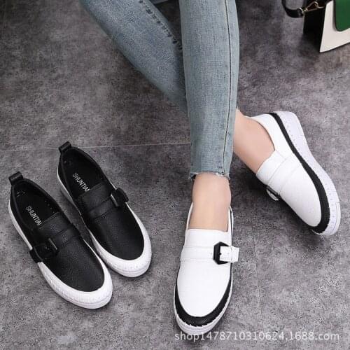 Woman Leather Moccasins Buckle Strap Espadrilles Loafers Women Thick Bottomed Flats Students Shoes