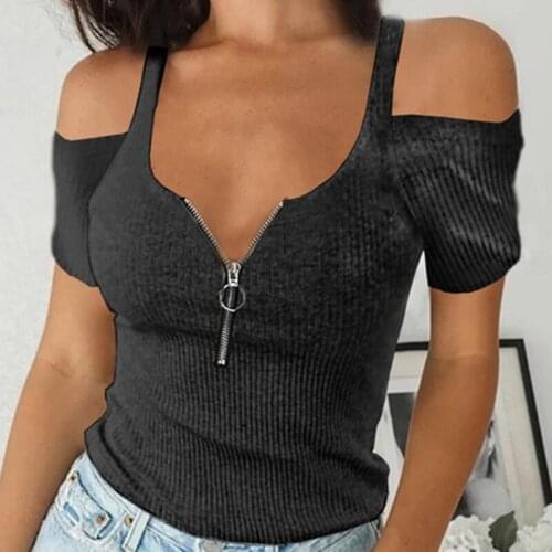 Sexy Women Summer Print T-Shirts Patchwork Design Zipper Decor V-Neck Short Sleeve Slim Pullovers Vest Top For Streetwear