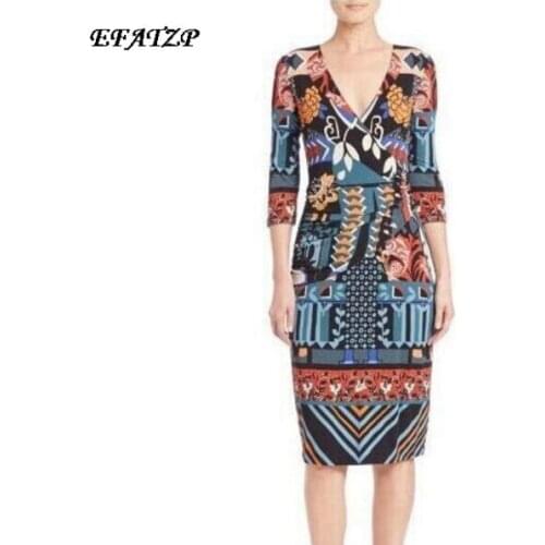 New 2016 Autumn Designer Brand Dress Womens Geometric Print V-Neck 3/4 Sleeves Stretch Jersey Silk Size XXL knee-Length Dress