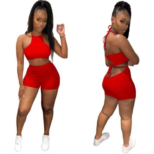 Casual Solid Women Set Sexy Bandage Halter Backless Crop Tops Drawstring Waist Elastic Shorts Two Piece Set Tracksuit Outfit