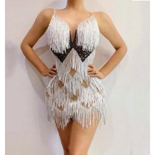 White Fringe Transparent Short Sling Dress Black Rhinestone Women Pole Dance Costumes Birthday Celebrate Prom Dress XS1119