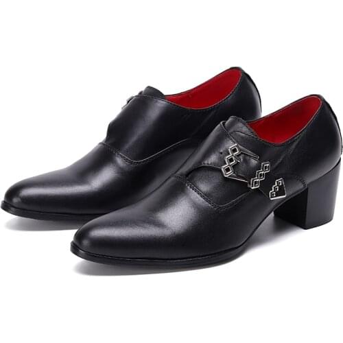 Mens Long High Heels Black Genuine Leather Formal Business Oxford Men Slip On Buckle Wedding Shoes Male Dress Sapato Masculino
