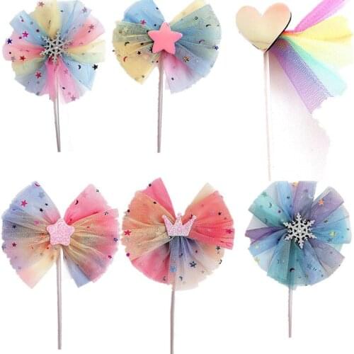 Rainbow Color Crown Heart Star Yarn Bow Cake Decorations Sequin Happy Birthday Girls Cake Topper Decoration Party Baking Decor