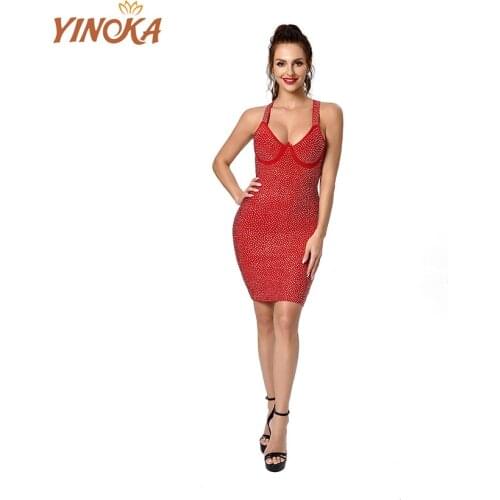 Yinoka Sleeveless Sexy Women Summer Bandage Dress Red Diamond Party Clubwear Fashion V Neck Backless Mini Short Bodycon Dresses