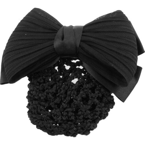 Woman Black Ruched Bowknot Bow Snood Net Bun Cover Barrette Hair Clip