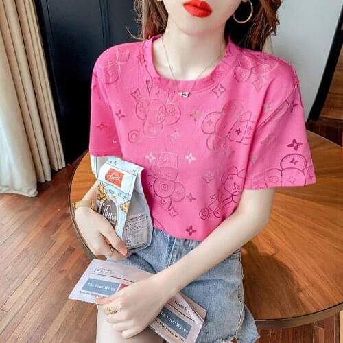 Summer new Cotton Hollow out T Shirt Women Summer New Solid Tees Casual Loose Tshirt Korean O Neck Female Tops 2021 Tees tops