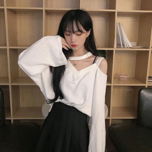 Woman Tshirts Autumn Hollow-out Halter Loose Long-Sleeved T-shirt for Women Tops Mujer Camisetas