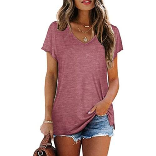 Women Loose Short Sleeve T-shirts Casual Solid Color Tops Ladies Pullover V-neck Female Summer Tee Shirt