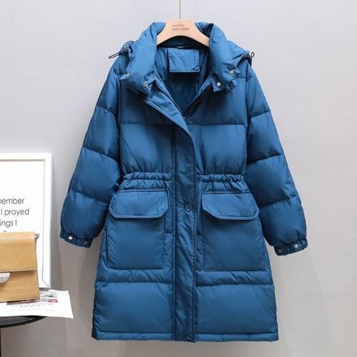 Women 2021 Winter Fashion Hooded White Duck Down Jackets Female Thicken Warm Long Coats Ladies Pocket Solid Color Outwear T743