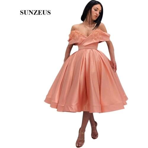 Tea Length Satin Evening Gowns Off Shoulder Elegant Women Party Dress With Flowers Beautiful Formal Robe
