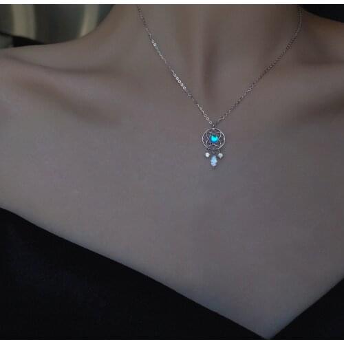 925 Sterling Silver Tassel Moonstone Dreamcatcher Charm Necklace for Women Creative Pendant Elegant Party Jewelry dz458