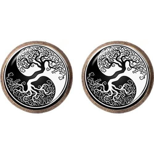 Taoism Sign Ancient Eight Diagrams Chakra Yin Yang Peace Tree of Life Time Gem Stud Earrings Tao TAIJI Statement Earring