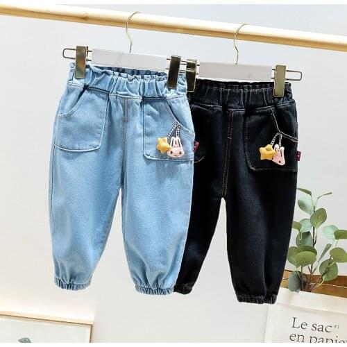 2021 Childrens Spring and Autumn Trousers Kids Clothing Baby Loose Trousers Girls Solid Color Jeans