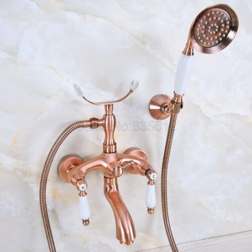 Antique Red Copper Bathtub Faucets Telephone Style Tub Mixer Taps Dual Handle Bathroom Bath Shower Faucet with Handshower tna363