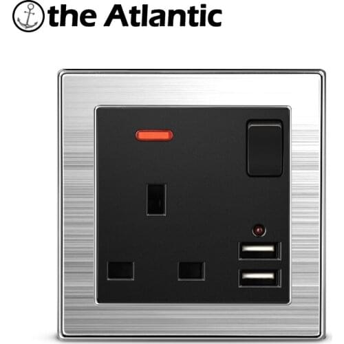 Atlectric UK Standard Plug Socket 13A Dual USB Charging Port Power Wall Outlet With Control Switch Stainless Steel Panel 86Type
