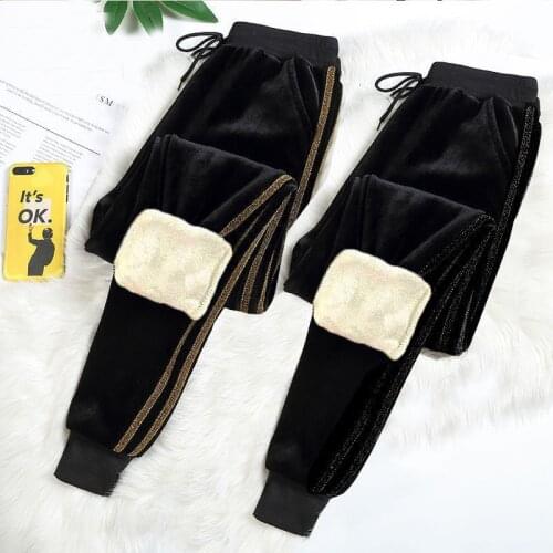 Gold Striped Women Pants Winter Lambskin Cashmere Pants Warm Female Casual Pants Harem Pants Lined Fleece Autumn Sweatpants