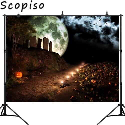 Scopiso Halloween Photography Background candle tombstone Pumpkin Lamps Night Moon Backdrop Children Photo Portrait Shoot