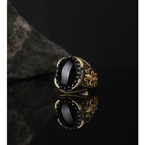 Black Zircon 925 Sterling Silver With Gold Plate Engraved Traditional Handmade Turkish Signet Ring Jewelry Gift for Women Men