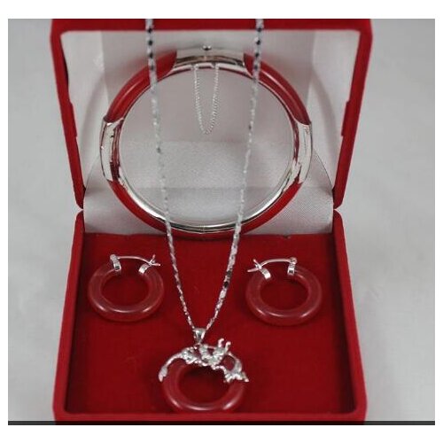 Silver Fashion jewelry Set AAA Red Jade Pendant Necklace+Bracelet+Earring