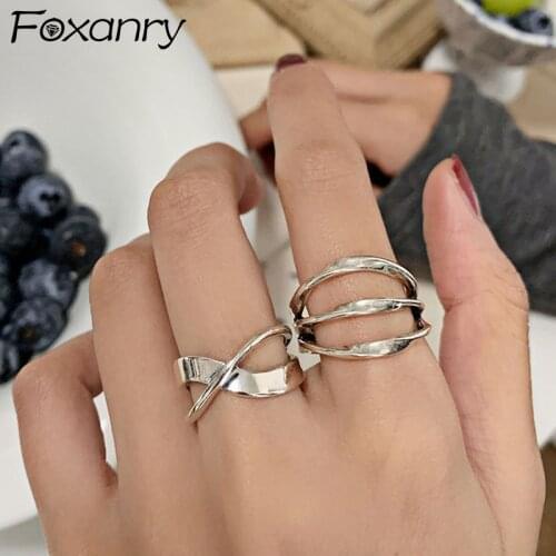 Foxanry Minimalist 925 Sterling Silver Rings Creative Trendy Multilayer Lines Geometric Handmade Party Jewelry Gifts for Women