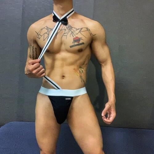 Fashion Waiter Style Novelty Sexy Men Mankini Thong Underwear lingerie sexy hot erotic Waiter Costume Bodysuit