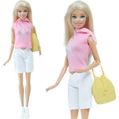 BJDBUS 1 Set Doll Outfit Pink Summer Vest White Short Pants Boot Shoes Handbag Accessories Clothes for Barbie Doll Kids DIY Toys